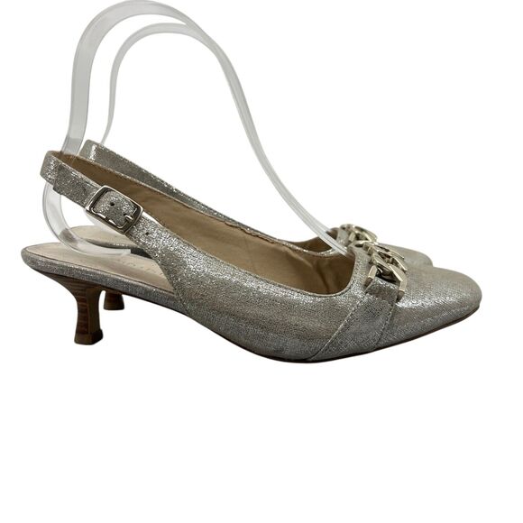 Donald Pliner Womens 6 Silver Metallic Chain Leather Slingback Kitten Pump - Picture 1 of 12